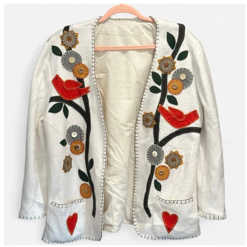 Handmade Fleece Folk Art Jacket Embroidered Patchwork Oversized Boho Cottagecore - Picture 3 of 10